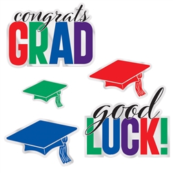 Plastic Congrats Grad Cutouts are printed on clear plastic and range in size from 5 inches to 9.5 inches. 5 cutouts per package, feature 3 grad cap cutouts,  a "congrats grad" cutout and "good Luck!" cutout.