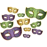 The Mardi Gras Mask Cutouts are made of cardstock and printed both sides. They're the traditional green, yellow, and purple color scheme and decorated with a swirl design. Made of cardstock. Measure 6 1/4 inches to 18 1/4 inches. 11 pieces per package.