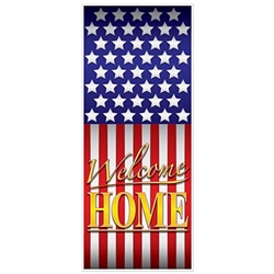 The Welcome Home Door Cover is made of all-weather plastic and measures 30 inches wide and 6 feet tall. It is for indoor and outdoor use and is printed on one side. Contains one per package.