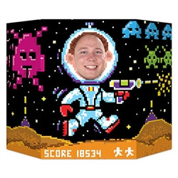 8-Bit Photo Prop is perfect for snapping that fun photo at your next arcade or 80's theme party. Stand the 25-inch tall prop on a flat tabletop, and peer through the cutout area of the spaceman. You're instantly transformed into an arcade alien fighter!
