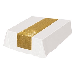 The Sequined Table Runner is made of fabric with gold sequins. Measures 11 1/4 inches wide and 6 1/4 feet long. Contains one per package.