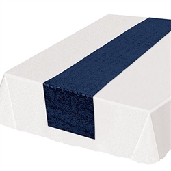 The Sequined Table Runner is made of fabric with navy sequins. Measures 11 1/4 inches wide and 6 1/4 feet long. Contains one per package.