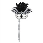Black and White Feather Mask w/Stick