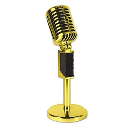 The Plastic Vintage Microphone - Gold is a great tabletop decoration for your next 50's or rock 'n roll party. This realistic and posable decoration stands up to 8.5 inches tall. Also available in silver!