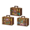 The Luggage Favor Boxes are made of cardstock and resemble real brown leather suitcases. They are decorated with stickers from different countries around the world. Measure 4 inches by 5.5 inches and contain 3 per package. Simple assembly required
