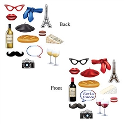 The French Photo Fun Signs are made of cardstock and printed on two sides with different designs. Sizes range in measurement from 3 1/2 inches to 12 inches. Contains fourteen (14) pieces per package.