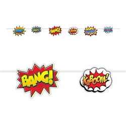 The Hero Action Signs Streamer measures 9 feet long. The cardstock action sign cutouts measure from 5 1/2 inches to 8 1/4 inches. Each package contains (1) 12 foot cord and 6 action sign cutouts. One (1) streamer per package. Assembly required.