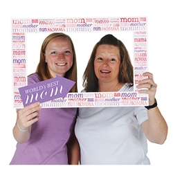 The Mother's Day Photo Fun Frame is made of cardstock and measures 15 1/2 inches by 23 1/2 inches. Printed on two sides with different designs. Each package contains one frame prop and two hand held props.