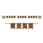 The Wild Wild West Streamer is made to resemble real wood. It reads "Wild Wild West" with two decorative stars for each end. Made of cardstock and measures 10 feet long. Contains 1 cord, 12 cards, and 2 stars. 1 streamer per pack. Simple assembly required