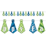 The Happy Father's Day Streamer is made of alternating blue and green cardstock neckties with different designs. Each streamer measures 6 3/4 inches tall and 9 feet long. Sold one streamer per package. Simple assembly required.