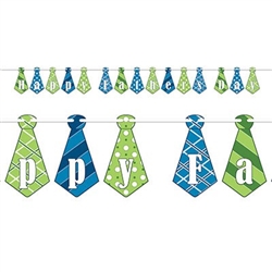 The Happy Father's Day Streamer is made of alternating blue and green cardstock neckties with different designs. Each streamer measures 6 3/4 inches tall and 9 feet long. Sold one streamer per package. Simple assembly required.