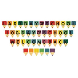 The School Days Streamer Set is a brightly colored 3-in-1 banner. It is made of cardstock and each package contains one ribbon measuring 12 feet, and 17 cards that measure 3.5 inches wide and 5.5 inches long. Simple assembly required.