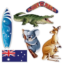 The Australian Cutouts are made of cardstock and printed on two sides. Sizes range in measurement from 12 1/4 inches to 19 3/4 inches. Includes a kangaroo with a joey, boomerang, surfboard, koala, Australian flag, and a crocodile. Contains 6 per package.