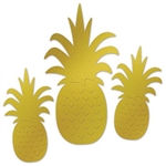 The Foil Pineapple Silhouettes are made of gold foil cardstock and are printed on two sides (one side embossed). Two (2) measure 12 inches tall and 6 1/2 inches wide and one (1) measures 18 inches tall and 9 inches wide. Sold three (3) pieces per package.