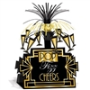 The Great 20's Centerpiece is made of cardstock and is black with gold accents. It has champagne glasses around the top with black and gold foil fringe on top. Measures 8 1/2 in by 13 in. One per pack. Easily assembled.