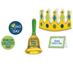 The Father's Day King For A Day Kit includes 1 frame (5 in by 3 1/2 in), 1 crown (4 in; adjustable), 1 bell cutout (9 in), and 2 circle cutouts (2 in). Made of cardstock. Each package contains (5) pieces.