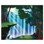 The Fantasy Insta-Mural is printed on a thin sheet of plastic and measures 5 feet by 6 feet. Sun rays beam over the top of a scenic cascading waterfall with hill tops and trees in the foreground. indoor/outdoor use. Contains one per package.