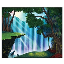 The Fantasy Insta-Mural is printed on a thin sheet of plastic and measures 5 feet by 6 feet. Sun rays beam over the top of a scenic cascading waterfall with hill tops and trees in the foreground. indoor/outdoor use. Contains one per package.