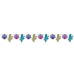 The Mermaid & Seashell Streamer features seashell and mermaid shaped cutouts on a 12 foot string. Printed against a shimmering silver prismatic background, the brightly colored mermaids and seashells make a colorful streamer. 1 streamer per package