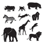 The Jungle Animal Silhouettes are made of cardstock and printed on two sides. Black with white highlights. includes a lion, monkey, rhino, giraffe, zebra, gorilla, elephant, gazelle, tiger, and hippo. Sized from from 6 3/4 in to 15 1/4 in. 10 Per package.