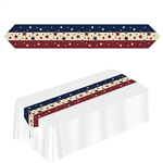 The Printed Americana Table Runner is made of cardstock with a tassel on each end. Measures 11 in wide and 6 ft long. It has burgundy, beige, and blue stripes and is covered with different sized stars. Contains one per package.