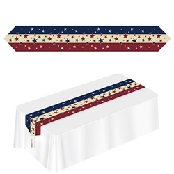 The Printed Americana Table Runner is made of cardstock with a tassel on each end. Measures 11 in wide and 6 ft long. It has burgundy, beige, and blue stripes and is covered with different sized stars. Contains one per package.
