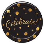 The Celebrate! Luncheon Plates are black with various sized gold circles and starburst with celebrate in gold script. Made of scalloped paper and measure 9 inches. Contains 8 plates per package.