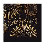 The Celebrate! Beverage Napkins are made of 2 ply paper and measure 4 3/4 inches by 4 3/4 inches. They're black and printed with Celebrate! in gold script surrounded by an intricate gold design. Contains 16 napkins per package.