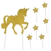 The Unicorn Cake Topper is made of gold glittered cardstock. Each package contains one unicorn that measures 7 3/4 in by 10 3/4 in. and 6 stars that measure 1 1/2 in by 3 1/2 in. Each package contains seven (7) pieces total.