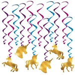 The Unicorn Whirls are an assortment of cerise, purple, and blue metallic spiral whirls and 6 have a cardstock cutout of a gold unicorn attached to the end and 6 are plain whirls. Measurements range from 17 inches to 31 1/2 inches. 12 pieces per package.