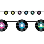 The Records Streamer is made of cardstock and printed on one side. It consists of 6 45 records printed with vibrant colored centers with "Rock & Rock" and mini musical notes along the top. Measures 7 inches and 8 feet long. One per pack. Assembly required