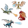 The Dragon Cutouts (7 per pkg) are made of cardstock and printed on two sides. Sizes range in measurement from 8.5 inches to 20.5 inches. Contains 7 pieces per package, including 4 dragons, 1 fire spray, 1 ice spray, and 1 water spray.