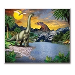 The Dinosaur Insta-Mural depicts a prehistoric landscape featuring dinosaurs and pterodactyl in their habitat, against a background of erupting volcano and sun illuminated sky. Printed on thin plastic and measures 5 feet by 6 feet. Hang on walls.