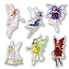 The Fairy Cutouts are made of cardstock and sizes range from 8 3/4 in to 12 in . Each package contains 3 good and 3 bad fairies. The good ones have soft, delicate features while the bad ones have a darker, more rigid appearance. Total of 6 per package