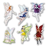 The Fairy Cutouts are made of cardstock and sizes range from 8 3/4 in to 12 in . Each package contains 3 good and 3 bad fairies. The good ones have soft, delicate features while the bad ones have a darker, more rigid appearance. Total of 6 per package