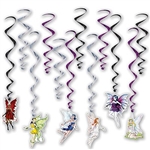 The Fairy Whirls are an assortment of black, purple, and silver metallic whirls and 6 have a cardstock icon of fairies attached to the end and 6 are plain whirls. Sizes range in measurement from 17 inches to 32 inches. Each package contains 12 whirls.