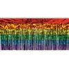 Add a rainbow to your party with this Rainbow Metallic Fringe Drape.  The shimmering, multicolored fringed drape adds movement and interest on a table edge, framing an entrance, or hung from the ceiling or wall.  10 feet long with 15" long fringe.
