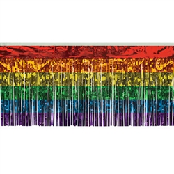 Add a rainbow to your party with this Rainbow Metallic Fringe Drape.  The shimmering, multicolored fringed drape adds movement and interest on a table edge, framing an entrance, or hung from the ceiling or wall.  10 feet long with 15" long fringe.