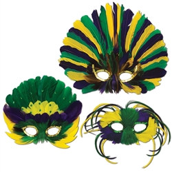 Assorted Green, Gold & Purple Feathered Masks