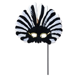 Black and White Feathered Mask w/ Plastic Stick