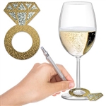 The Diamond Ring Wine Glass Markers are made of cardstock and measure 3 1/2 inches tall and 2 1/4 inches wide. Your guests can write their names on them to keep track of which drink is theirs. Contains twenty four (24) pieces per package.