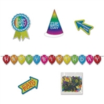The Birthday Desktop Party Pack Kit contains 6 assorted Happy Birthday items, such as a banner, hat, bag of confetti, and 3 cutout signs. Printed in a colorful prismatic pattern on one side. Constructed of heavy card stock. Perfect for office cubicles!