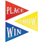 The Win, Place & Show Cutouts are made of colorful cardstock and are blue, red, and yellow. They measure 15 inches at the widest point and 17 1/2 inches long. Printed on two sides. Contains 3 per package.