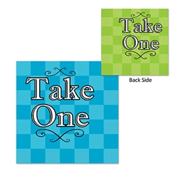 These 2-ply paper napkins feature a colorful design and read "Take One" on both sides. One side is blue, while the other side of the napkin is light green. These napkins are visually pleasing and there is a total of 16 in the package.