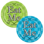 These colorful Alice in Wonderland Plates say "Eat Me" in the middle, with an intricate design in the background. The package comes with four blue and four green plates, with each one measuring nine inches.