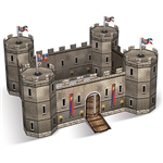 The 3-D Castle Centerpiece is made of cardstock and measures 14 1/2 inches by 18 inches and stands 9 inches tall. Contains one per package. Assembly required- instructions included.