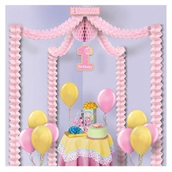 1st Birthday Party Canopy - Pink makes it quick and easy to decorate for a little girl's party. Perfect to hang over a gift or cake table, this fully assembled hanging decoration includes pink tissue garlands, pink tissue ball, and printed card stock sign