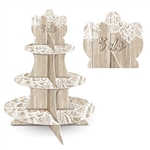 The Wedding Cupcake Stand is made of cardstock and has a rustic wood appearance and an intricate white design and reads "I Do" at the top. Measures 16 in tall. Bottom tier- 12 in, middle tier- 9 in, and top tier- 6 1/4 in. One per pack. Assembly required.