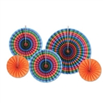 The Fiesta Accordion Paper Fans are made of paper and include an assortment of serape printed and orange fans. Each package includes 2 measuring 9 inches, 2 measuring 12 inches, and 1 that measures 16 inches. Contains five (5) fans per package.