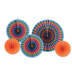 The Fiesta Accordion Paper Fans are made of paper and include an assortment of serape printed and orange fans. Each package includes 2 measuring 9 inches, 2 measuring 12 inches, and 1 that measures 16 inches. Contains five (5) fans per package.